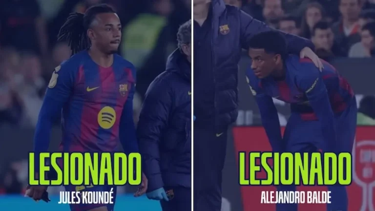 Alejandro Balde y Jules Koundé con la camiseta del FC Barcelona antes de lesionarse el bíceps femoral en el partido de vuelta de las semifinales de Copa ante el Atlético
