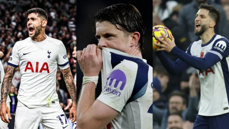Conor Gallagher, Cristian Romero y Rodrigo Bentancur con la camiseta del Tottenham Hotspur antes del partido de Champions League ante el Atlético de Madrid en el Metropolitano