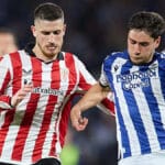 Jon Gorrotxategi, centrocampista de la Real Sociedad, durante la semifinal de Copa del Rey ante el Athletic Club en el estadio de Anoeta