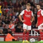 Martin Ødegaard y Gabriel Martinelli con la camiseta del Arsenal FC, señalados como posibles objetivos del Atlético de Madrid y el FC Barcelona para el mercado de verano
