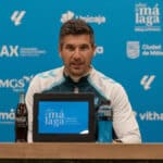 Juanfran Funes, entrenador del Málaga CF, en la sala de prensa de La Rosaleda durante la rueda de prensa previa al partido ante el Valladolid