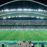 Vista del Estadio Olímpico Spyros Louis de Atenas con andamios en la cúpula diseñada por Santiago Calatrava durante las obras de remodelación