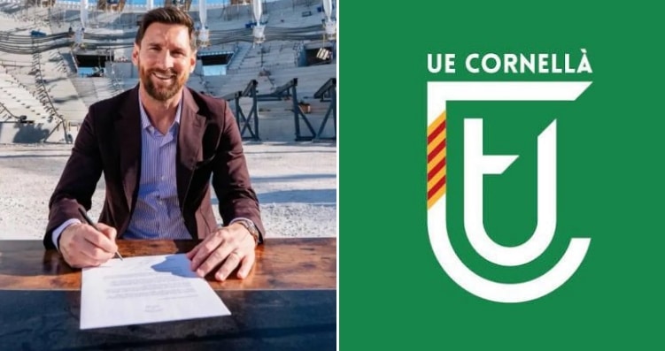 Escudos de la UE Cornellà y el logo de Messi en el comunicado oficial de compra del club