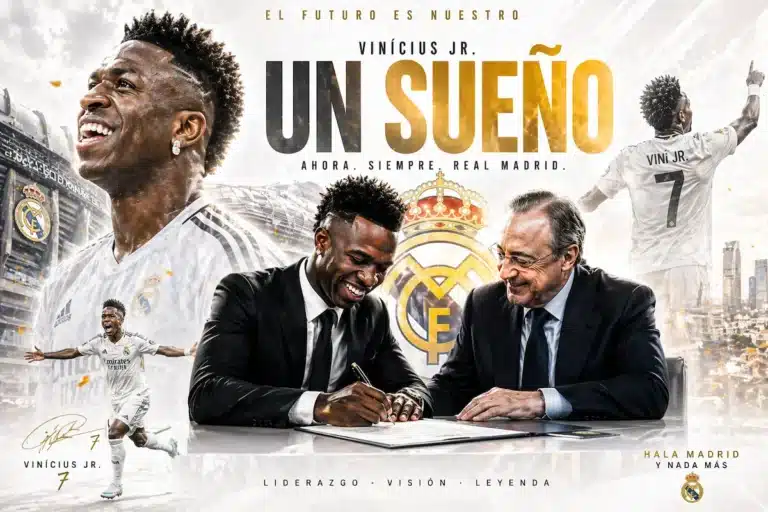 Vinícius Jr. y Florentino Pérez firmando un contrato en las oficinas del Real Madrid