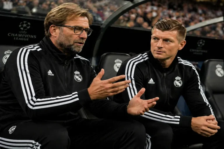 Jürgen Klopp conversa con Toni Kroos en el banquillo del Bernabéu durante un partido de Champions League con el escudo del Real Madrid al fondo
