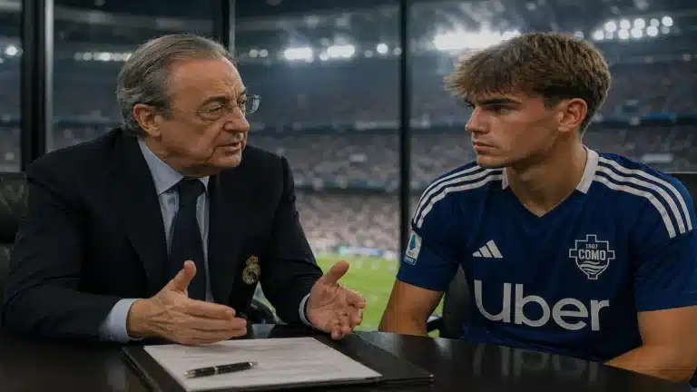 Florentino Pérez conversa con Nico Paz en una mesa de negociación con documentos delante y el Bernabéu al fondo en un montaje que ilustra el regreso del argentino al Real Madrid