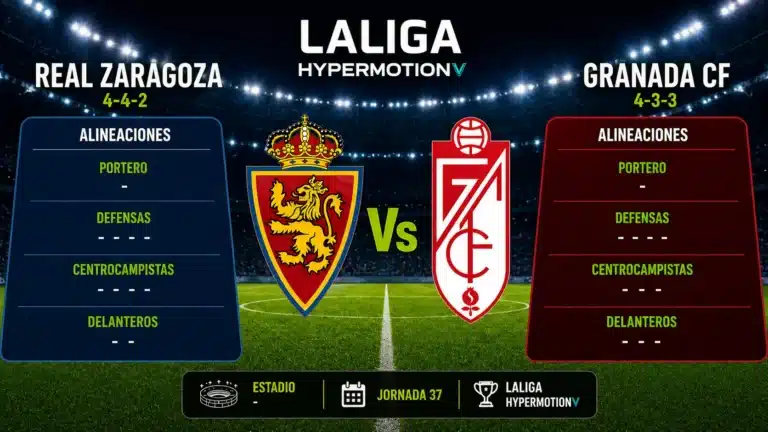 Cartel del partido Real Zaragoza contra Granada CF con los onces probables en LaLiga Hypermotion jornada 37