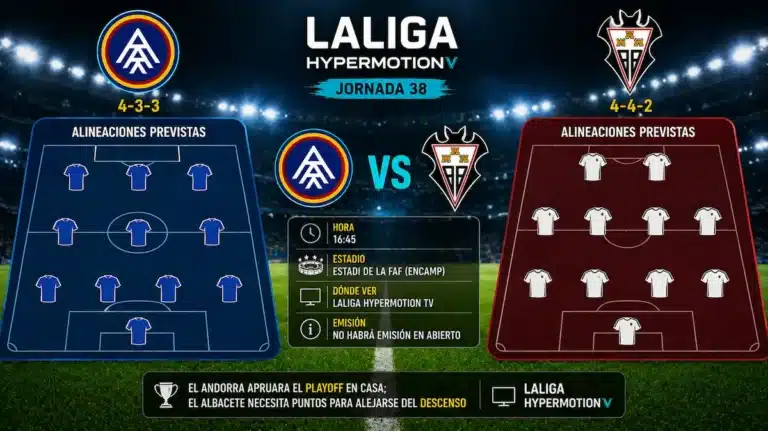 Alineaciones previstas del FC Andorra y el Albacete para la jornada 38 de LaLiga Hypermotion con horario, estadio y dónde ver el partido