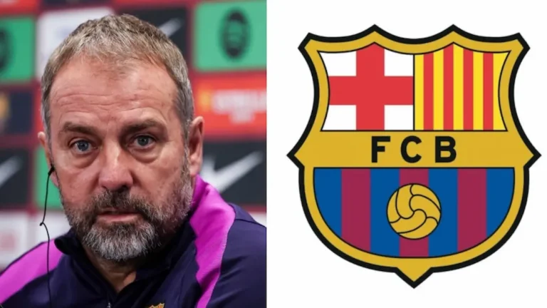 Hansi Flick en la banda del Camp Nou con una pizarra táctica y los nombres de los cinco delanteros en segundo plano