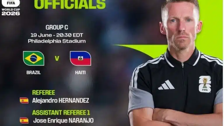 Cartel oficial FIFA con los árbitros del Brasil vs Haití del Mundial 2026, encabezado por Hernández Hernández