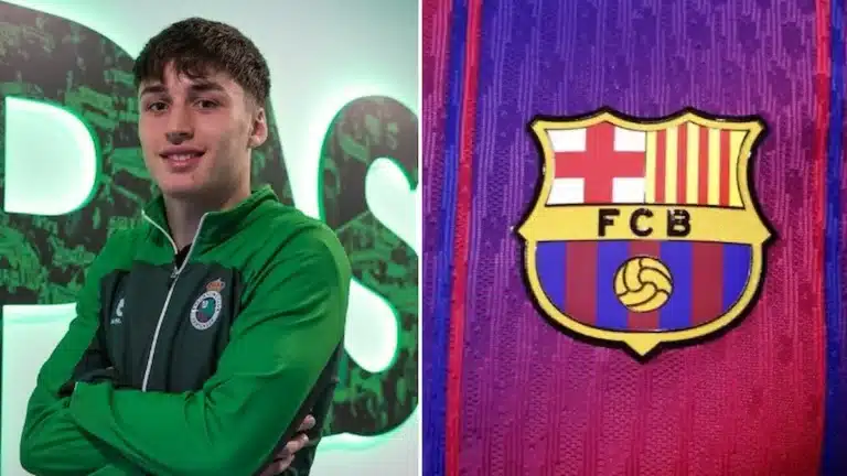 Jorge Salinas con la equipación del Racing de Santander junto al escudo del FC Barcelona en una imagen de montaje sobre el fichaje
