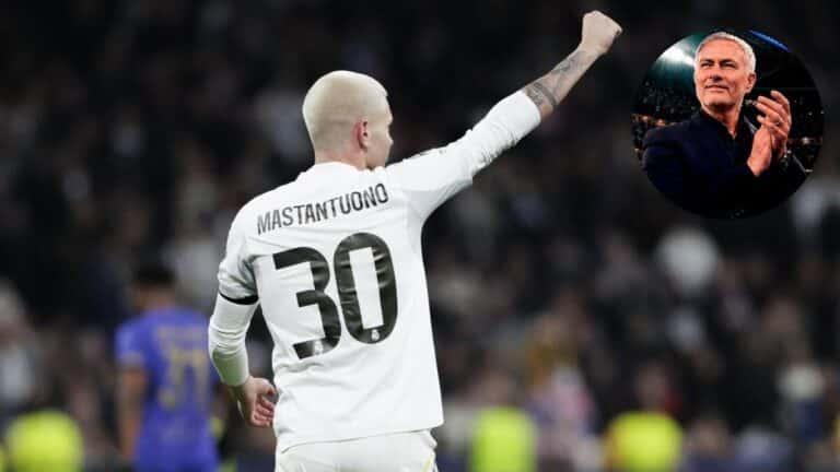 Franco Mastantuono con la camiseta del Real Madrid durante la temporada 2025-26 en LaLiga. El mediapunta argentino de 18 años parece que seguirá en el Bernabéu la próxima temporada tras el visto bueno de Mourinho