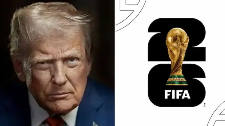 Donald Trump junto al logo oficial de la Copa del Mundo de la FIFA 2026 con el trofeo dorado