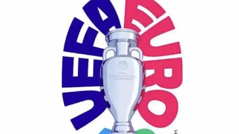 Logotipo de la UEFA EURO con el trofeo Henri Delaunay en el centro sobre fondo blanco
