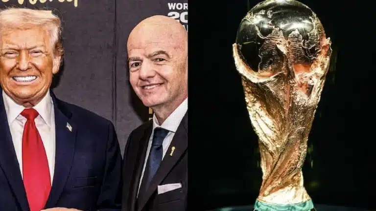 Trump e Infantino posan juntos ante un panel del Mundial, junto al trofeo dorado de la Copa del Mundo