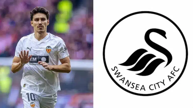 André Almeida con la camiseta del Valencia junto al escudo del Swansea City