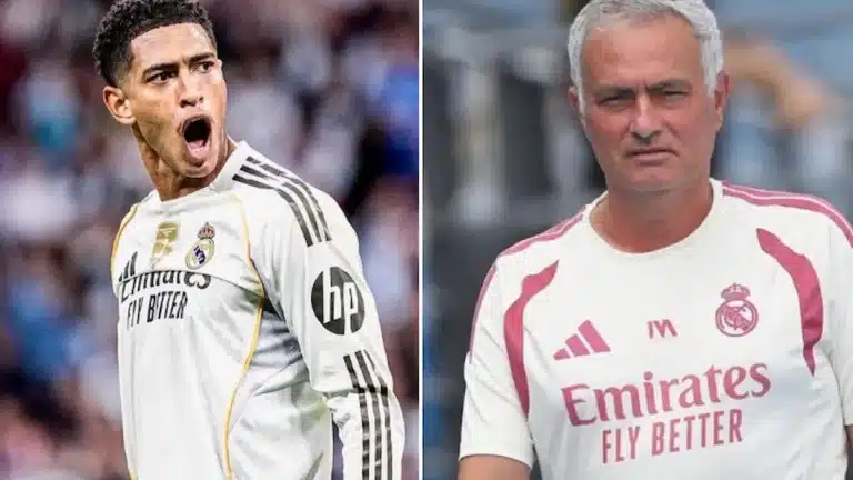 Bellingham celebra con la camiseta del Real Madrid junto a Mourinho, con ropa de entrenamiento del club