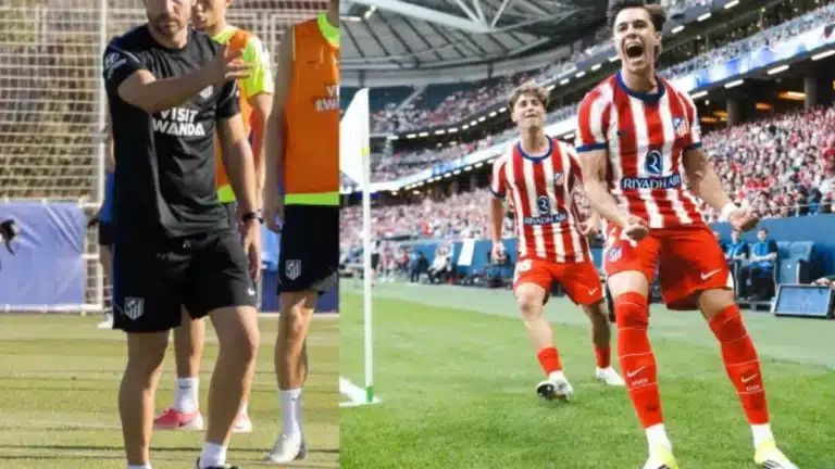 Gabi dirige un entrenamiento del Atlético y Arnau Ortiz celebra su gol al Manchester United