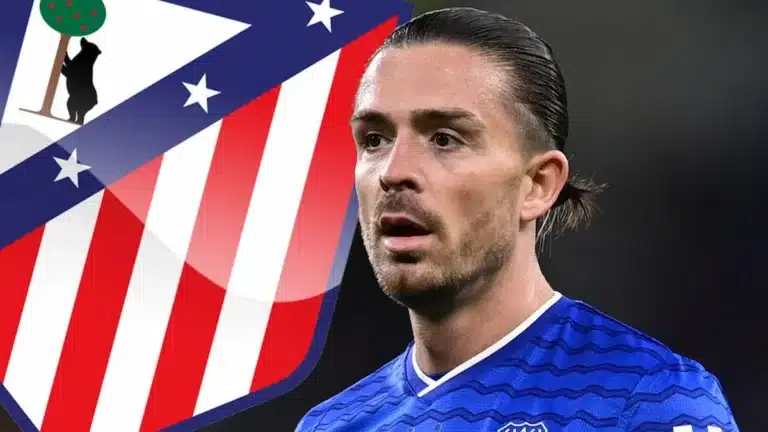 Jack Grealish, con la camiseta del Everton, junto al escudo del Atlético de Madrid en un montaje