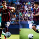 Dani Requena y Thiago Fernandez conduce el balón con la camiseta azulgrana del Levante UD durante un partido