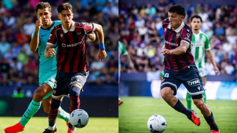 Dani Requena y Thiago Fernandez conduce el balón con la camiseta azulgrana del Levante UD durante un partido