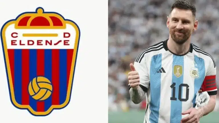 Escudo del CD Eldense junto a Leo Messi con la camiseta de Argentina levantando el pulgar