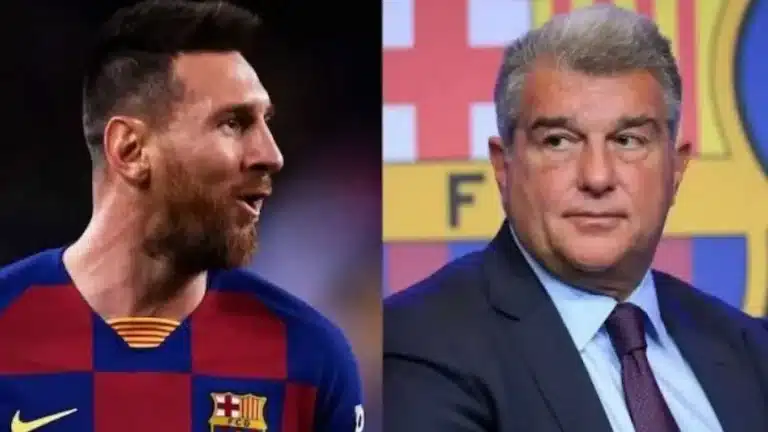 Fotomontaje de Leo Messi con la camiseta del Barça y Joan Laporta con gesto serio