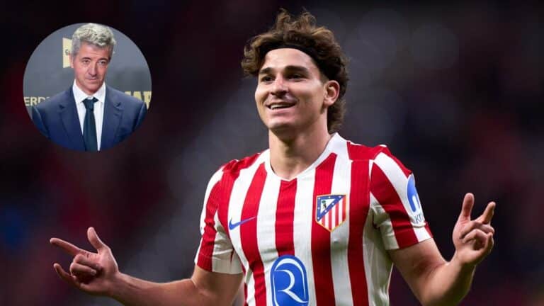 Julián Álvarez celebra un gol con la camiseta del Atlético de Madrid