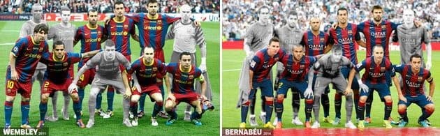La alineación del Barca en Wembley en 2011 y en el Bernabéu en 2014. Foto: Marca
